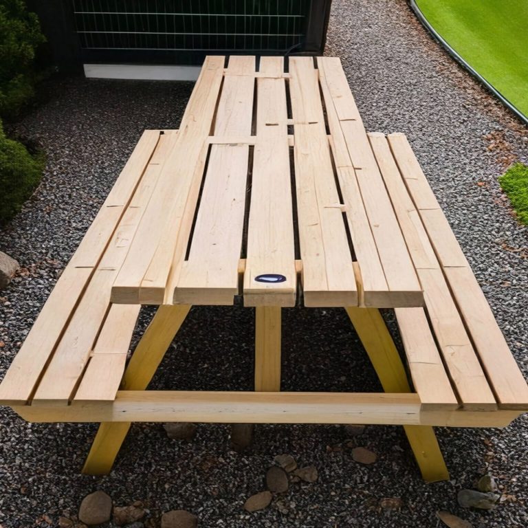 Handcrafted picnic bench made and sold by Gweithdy Al.